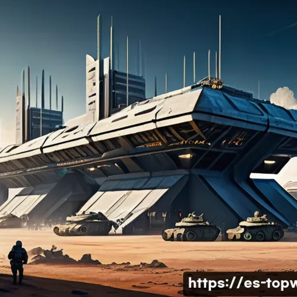 top war 주간 이벤트 공략 - A highly detailed digital illustration of a futuristic military base during a Top War event, showcas...