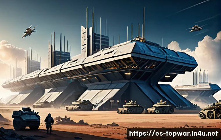 top war 주간 이벤트 공략 - A highly detailed digital illustration of a futuristic military base during a Top War event, showcas...