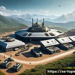 Home 21 top war 빠른 레벨업 노하우 - A detailed, vibrant digital artwork of a futuristic military base under construction in a lush, moun...
