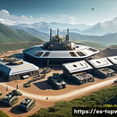 Home 33 top war 빠른 레벨업 노하우 - A detailed, vibrant digital artwork of a futuristic military base under construction in a lush, moun...