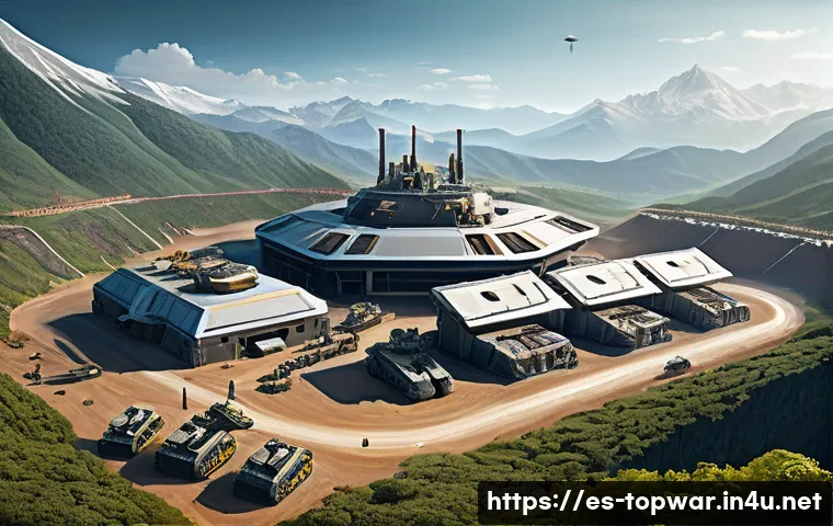 top war 빠른 레벨업 노하우 - A detailed, vibrant digital artwork of a futuristic military base under construction in a lush, moun...