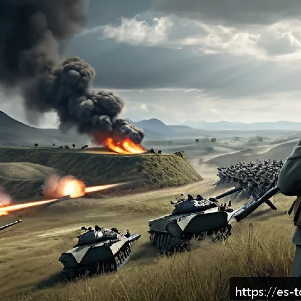 top war 배틀 게임 공략법 - A dynamic battlefield scene in a strategy game style, showcasing a strategic mix of infantry and hea...