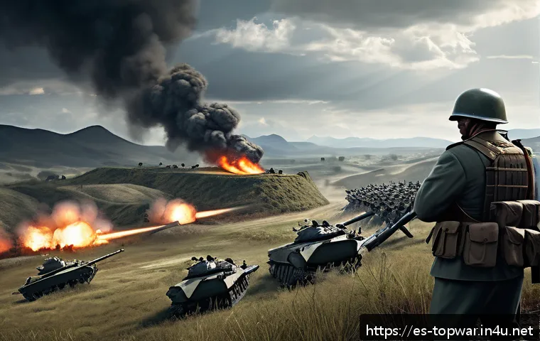 top war 배틀 게임 공략법 - A dynamic battlefield scene in a strategy game style, showcasing a strategic mix of infantry and hea...