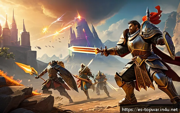 top war 영웅 능력치 비교 - A dynamic battlefield scene showcasing a diverse team of heroes from a fantasy strategy game, each h...