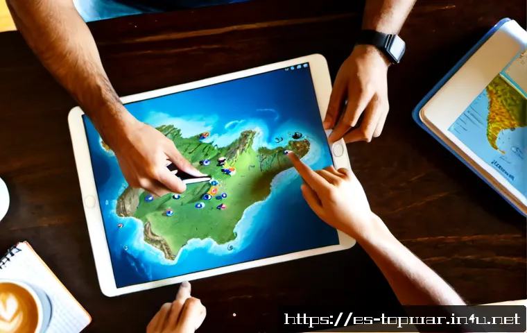 Home 30 top war 클랜전 플레이 팁 - Photorealistic overhead view of a focused Hispanic gaming team planning a mobile strategy battle aro...