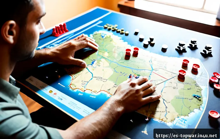 top war 적 진영 분석법 - Photorealistic strategic mobile war game concept, confident Spanish-speaking adult gamer studying a ...