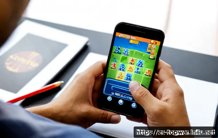 top war 유저 리뷰 및 평가 - Photorealistic Spanish mobile gamer at a bright Madrid apartment desk, holding a generic smartphone ...